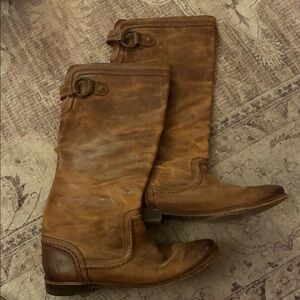 FRYE AND CO. Paige Trapunto Distressed Brown Leather Mid-Calf Buckle Boots